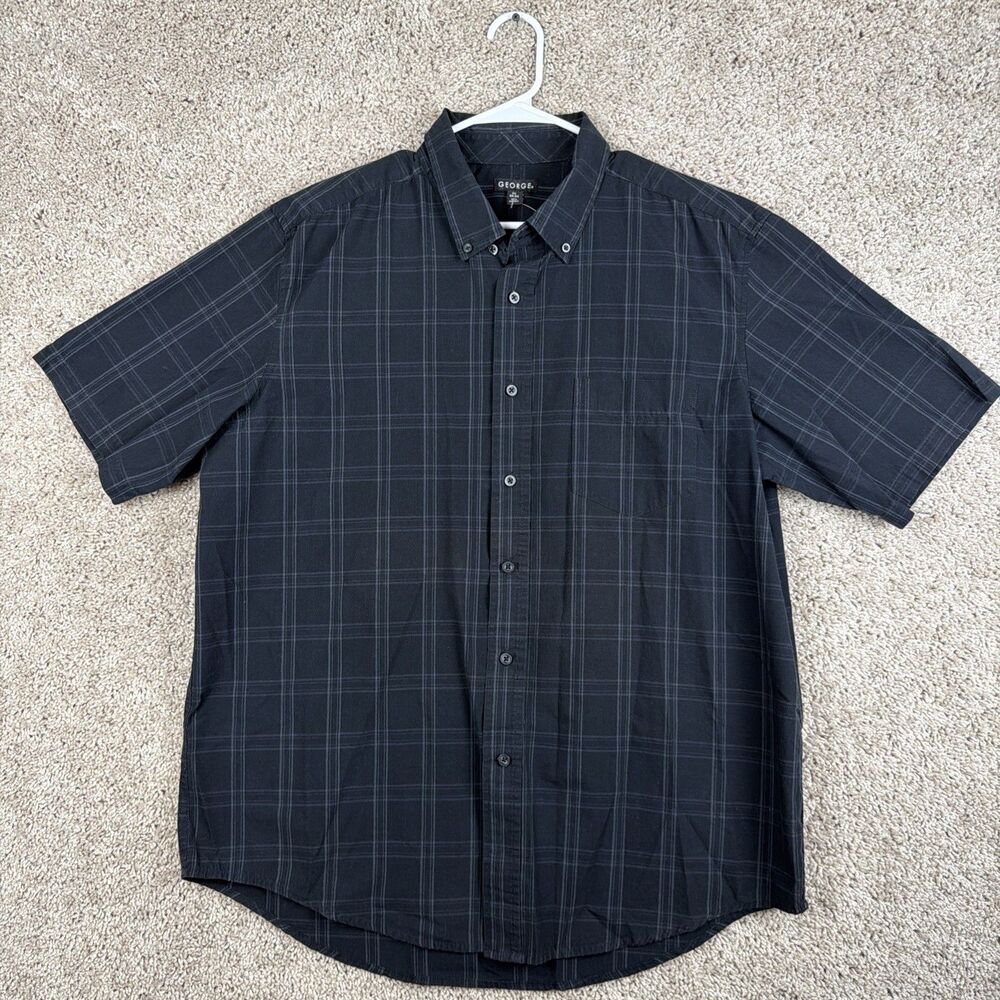 George Mens Black Gray Large Plaid Short Sleeve Button Down Casual Shirt